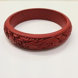 Vintage 1950's Hand Carved Chinese Double Dragon Cinnabar Bangle